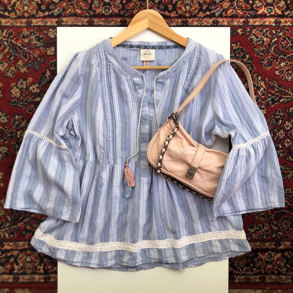 Knox Rose Blue striped Bell Sleeve Boho Top XL